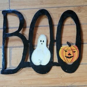 Vtg Halloween Handmade Steel Drum Made In Haiti BOO Ghost Jack-o-lantern Sign
